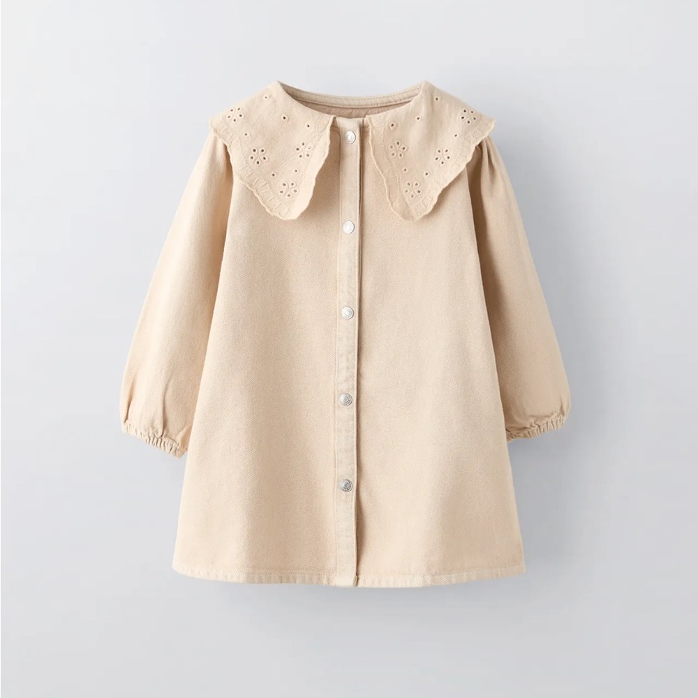 Beige Button-Up Dress with Eyelet Collar
